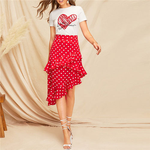 Red Ruffle Trim Polka Dot Skirt