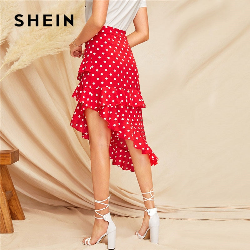 Red Ruffle Trim Polka Dot Skirt