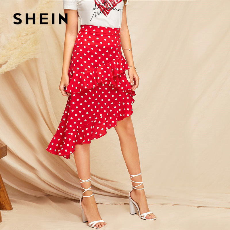 Red Ruffle Trim Polka Dot Skirt