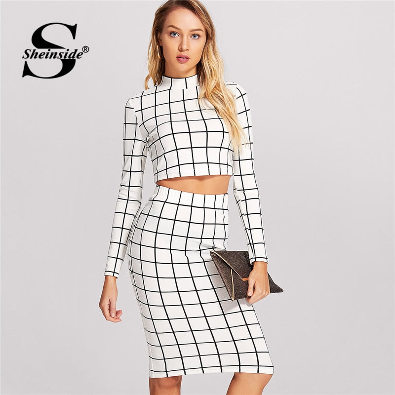 Plaid Office Ladies Long Sleeve Crop Top And Pencil Skirt Plaid 2 Piece Set