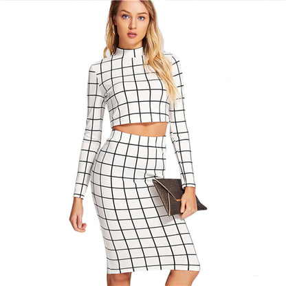 Plaid Office Ladies Long Sleeve Crop Top And Pencil Skirt Plaid 2 Piece Set