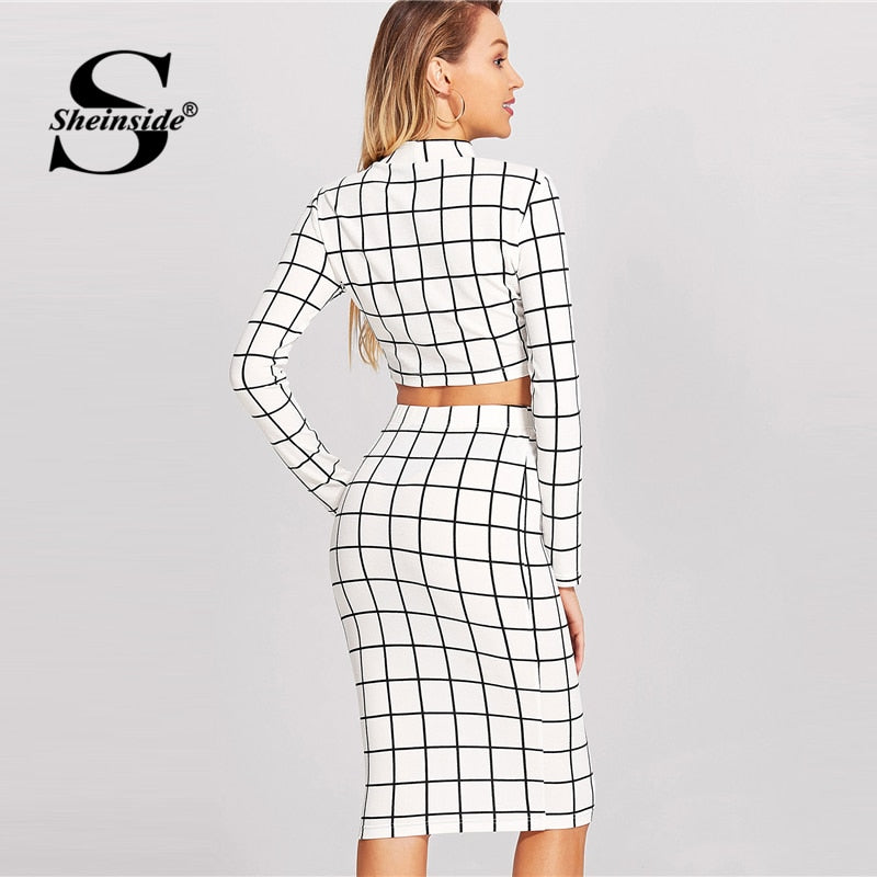 Plaid Office Ladies Long Sleeve Crop Top And Pencil Skirt Plaid 2 Piece Set