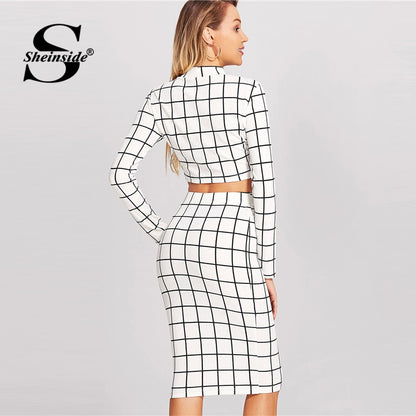 Plaid Office Ladies Long Sleeve Crop Top And Pencil Skirt Plaid 2 Piece Set