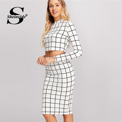 Plaid Office Ladies Long Sleeve Crop Top And Pencil Skirt Plaid 2 Piece Set