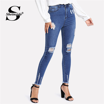 High Waist Button Zipper Fly Skinny Jeans