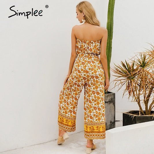 Bohimian print strapless beach style long jumpsuit