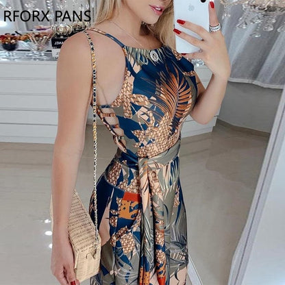 Sleeveless Tropical Print Spaghetti Strap Jumpsuit