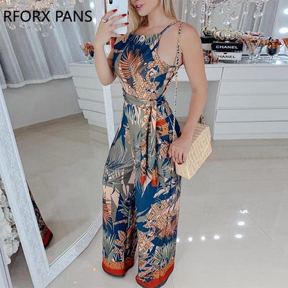 Sleeveless Tropical Print Spaghetti Strap Jumpsuit