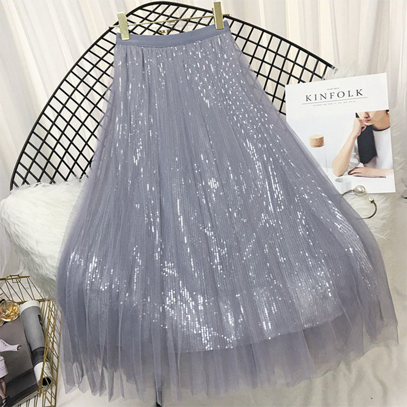 Spring Long Tulle  Sequined Pleated Skirts