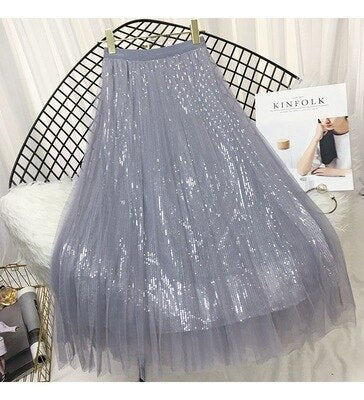 Spring Long Tulle  Sequined Pleated Skirts