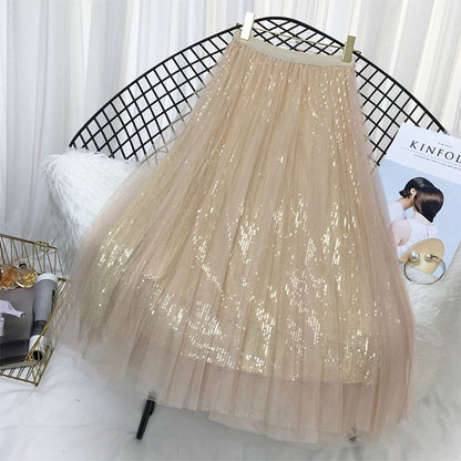 Spring Long Tulle  Sequined Pleated Skirts