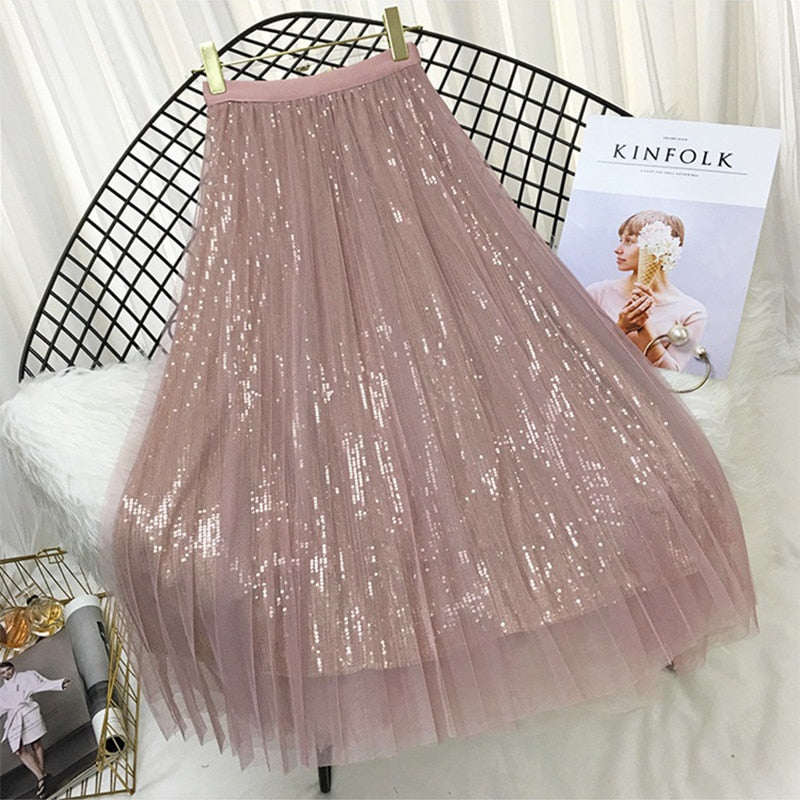 Spring Long Tulle  Sequined Pleated Skirts