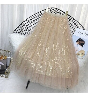 Spring Long Tulle  Sequined Pleated Skirts