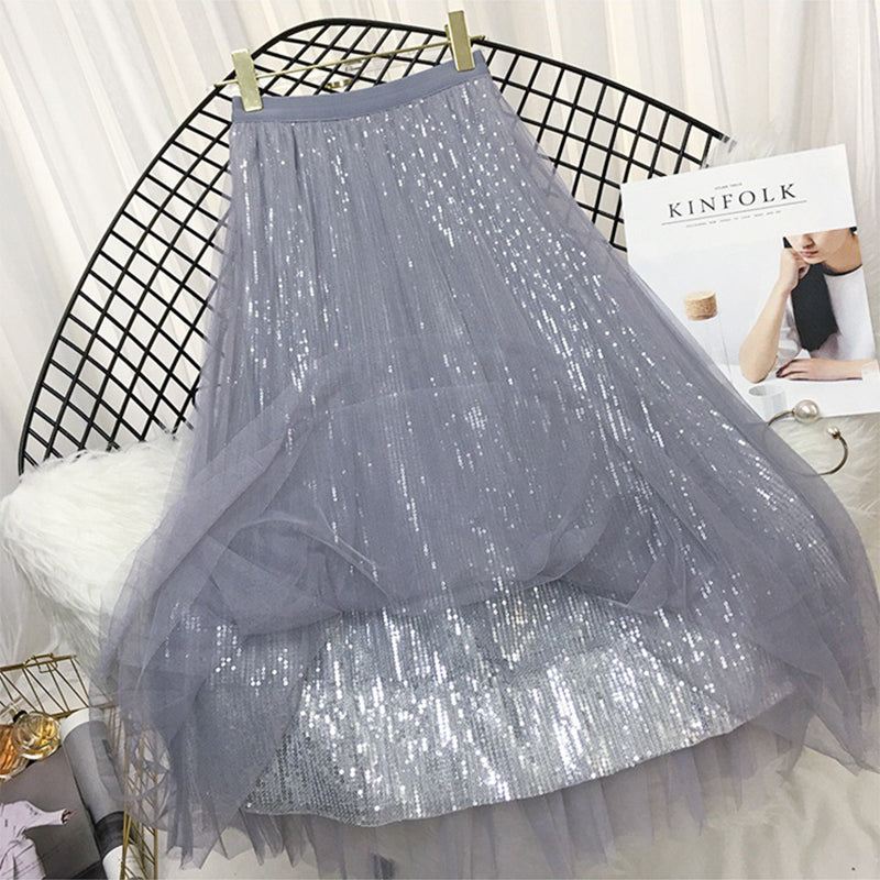 Spring Long Tulle  Sequined Pleated Skirts