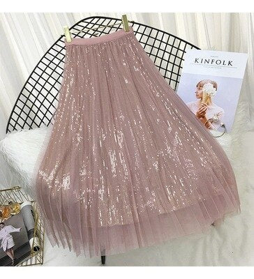 Spring Long Tulle  Sequined Pleated Skirts