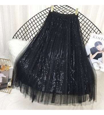 Spring Long Tulle  Sequined Pleated Skirts