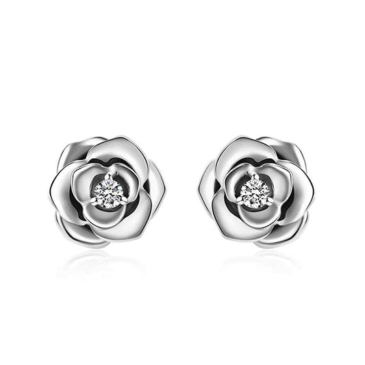 Sterling Silver CZ Stone Flower Stud Earrings