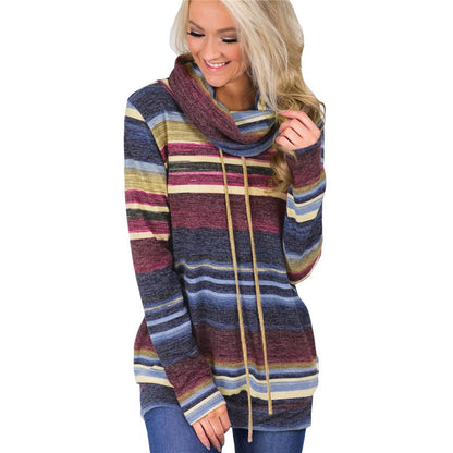 Striped Women Hoodies 2019 Autumn Winter Long Sleeve Patchwork Casual Pullovers Turtleneck Sweatshirts Blue Brown Sudadera Mujer