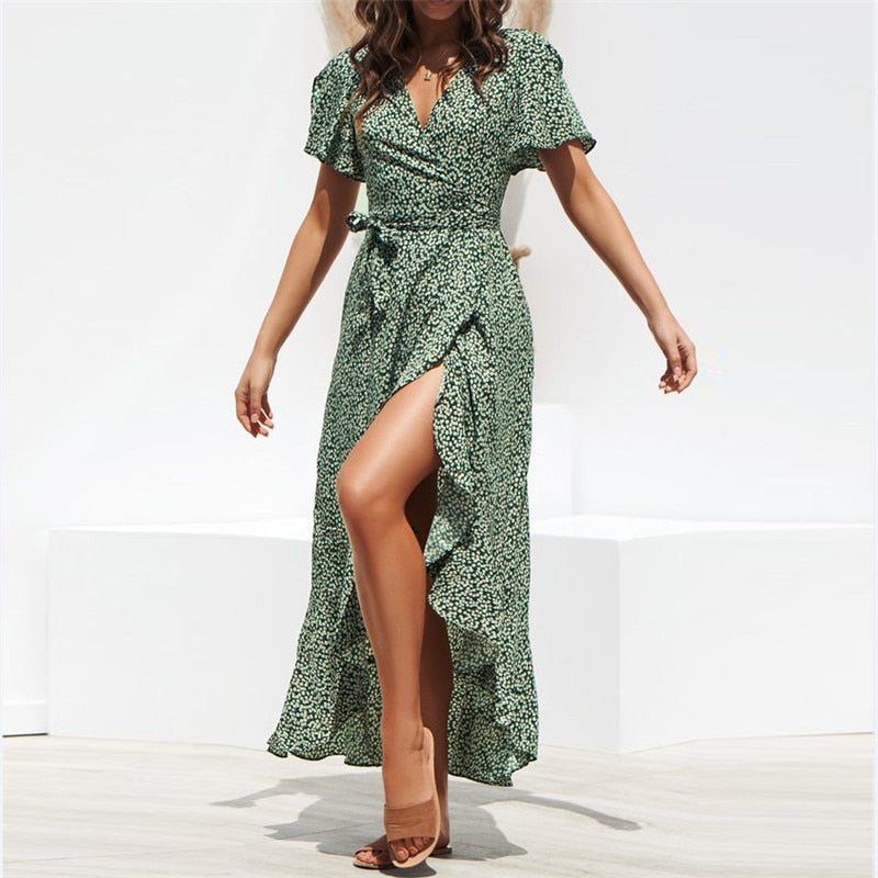 Floral Print Chiffon Dress Ruffles Wrap