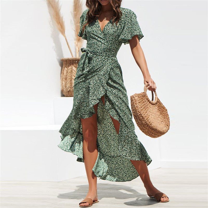 Floral Print Chiffon Dress Ruffles Wrap