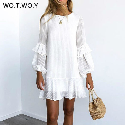 WOTWOY 2019 Summer White Mini Dresses Women Ruffles O-neck Long Sleeve Loose Elegant Office Lady Short Dress Woman Boho Sundress