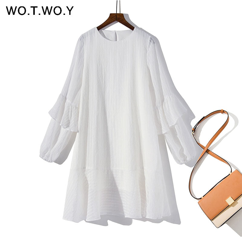 WOTWOY 2019 Summer White Mini Dresses Women Ruffles O-neck Long Sleeve Loose Elegant Office Lady Short Dress Woman Boho Sundress