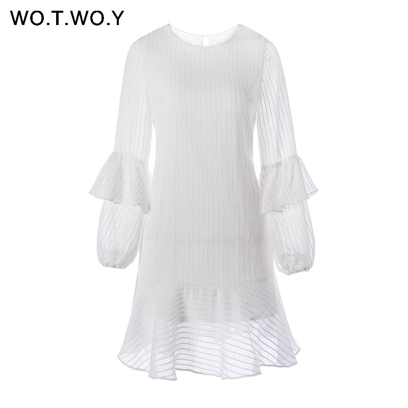 WOTWOY 2019 Summer White Mini Dresses Women Ruffles O-neck Long Sleeve Loose Elegant Office Lady Short Dress Woman Boho Sundress