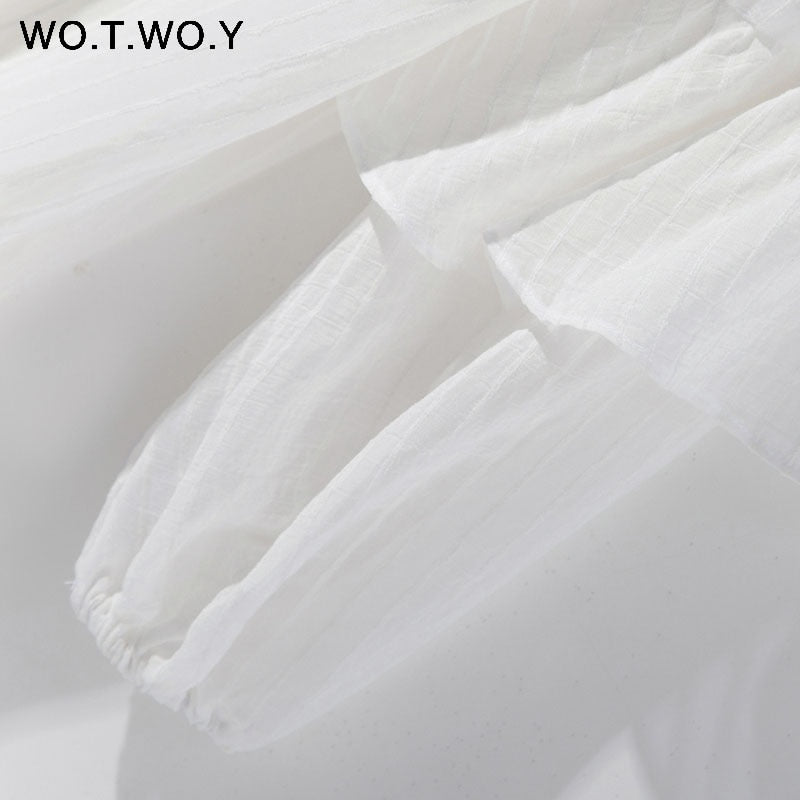 WOTWOY 2019 Summer White Mini Dresses Women Ruffles O-neck Long Sleeve Loose Elegant Office Lady Short Dress Woman Boho Sundress