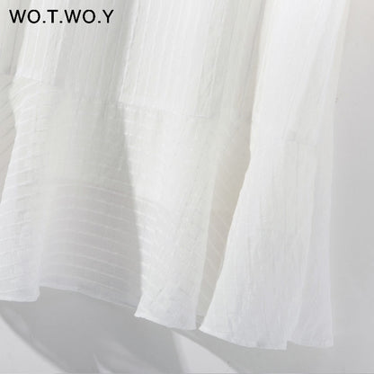 WOTWOY 2019 Summer White Mini Dresses Women Ruffles O-neck Long Sleeve Loose Elegant Office Lady Short Dress Woman Boho Sundress