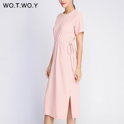 WOTWOY Long T-shirt Dresses Women Summer Sashes Waist Slit Casual O-Neck Short Sleeve Loose Ankle-Length Dress Woman Pink Cotton