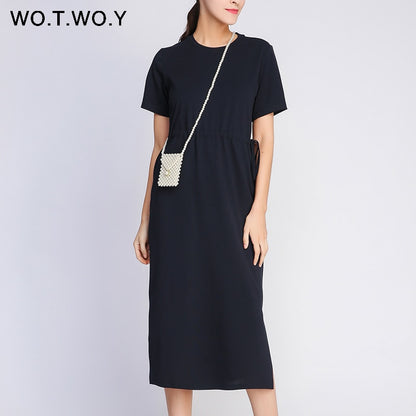 WOTWOY Long T-shirt Dresses Women Summer Sashes Waist Slit Casual O-Neck Short Sleeve Loose Ankle-Length Dress Woman Pink Cotton