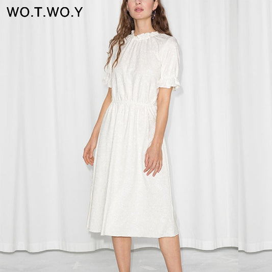 WOTWOY White Embroidery Cotton Dresses Women Ruffles Elastic Waist Summer Long Dress Female O-Neck Short Sleeve Boho Maxi Dress