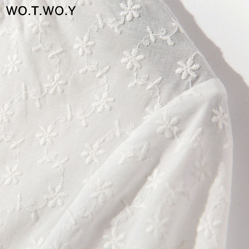 WOTWOY White Embroidery Cotton Dresses Women Ruffles Elastic Waist Summer Long Dress Female O-Neck Short Sleeve Boho Maxi Dress