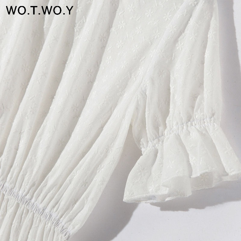 WOTWOY White Embroidery Cotton Dresses Women Ruffles Elastic Waist Summer Long Dress Female O-Neck Short Sleeve Boho Maxi Dress