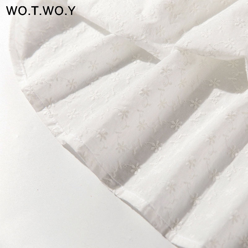 WOTWOY White Embroidery Cotton Dresses Women Ruffles Elastic Waist Summer Long Dress Female O-Neck Short Sleeve Boho Maxi Dress