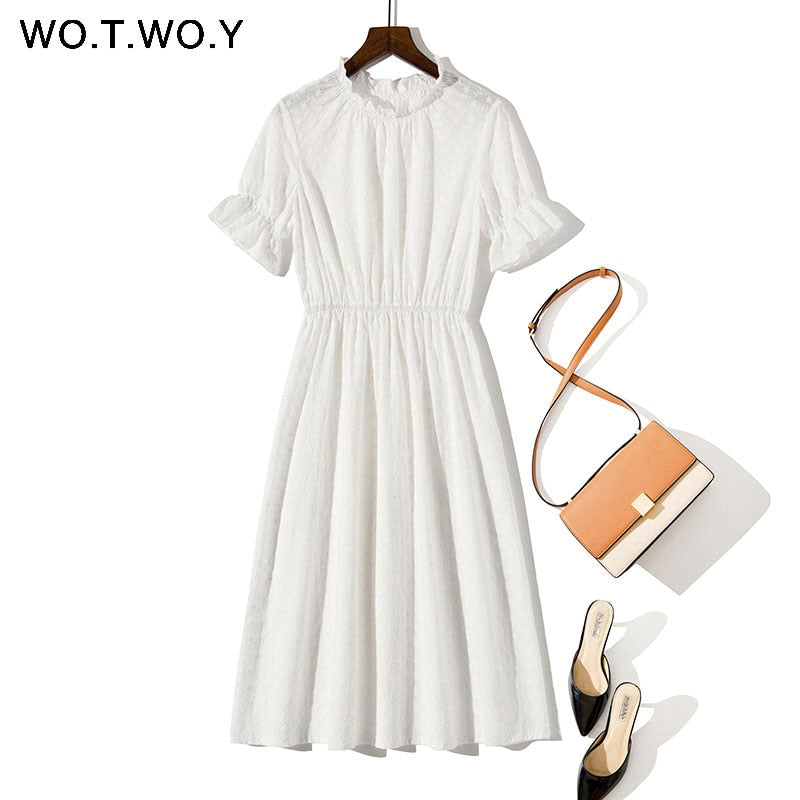 WOTWOY White Embroidery Cotton Dresses Women Ruffles Elastic Waist Summer Long Dress Female O-Neck Short Sleeve Boho Maxi Dress