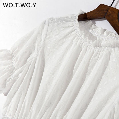 WOTWOY White Embroidery Cotton Dresses Women Ruffles Elastic Waist Summer Long Dress Female O-Neck Short Sleeve Boho Maxi Dress