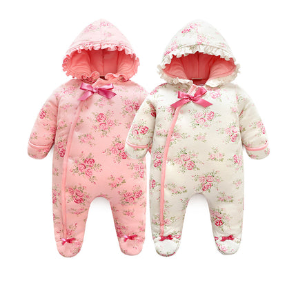 Winter Newborn Baby Girl Rompers Thicken Warm Cotton Jumpsuit Hooded Clothing Floral Princess Christmas Girls Onesie