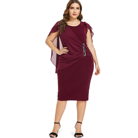 Wipalo Plus Size Rhinestone Ruched Embellished Capelet Dress Summer O Neck Sleeveless Women Dresses OL Party Dress Vestidos 5XL