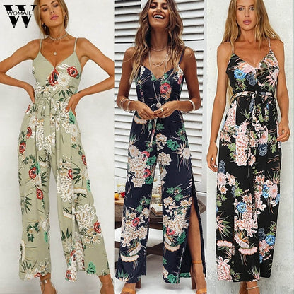 Strappy Floral Slit Long Trouser Playsuits