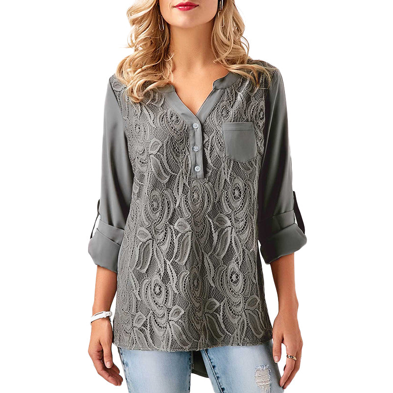 Woman Lace Blouse Long Sleeve Splice Basic V Neck Winter Autumn Loose Tops Tee Shirts Blusas Femme 2018 Plus Size 3XL