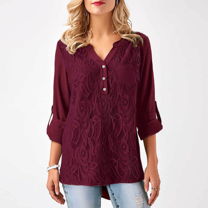 Woman Lace Blouse Long Sleeve Splice Basic V Neck Winter Autumn Loose Tops Tee Shirts Blusas Femme 2018 Plus Size 3XL