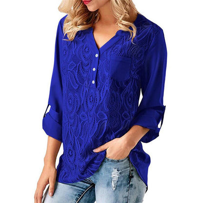 Woman Lace Blouse Long Sleeve Splice Basic V Neck Winter Autumn Loose Tops Tee Shirts Blusas Femme 2018 Plus Size 3XL