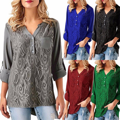 Woman Lace Blouse Long Sleeve Splice Basic V Neck Winter Autumn Loose Tops Tee Shirts Blusas Femme 2018 Plus Size 3XL