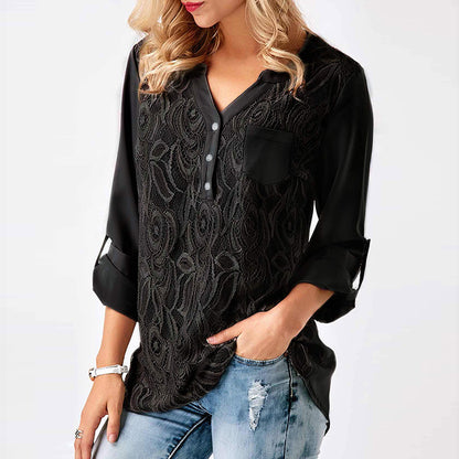 Woman Lace Blouse Long Sleeve Splice Basic V Neck Winter Autumn Loose Tops Tee Shirts Blusas Femme 2018 Plus Size 3XL