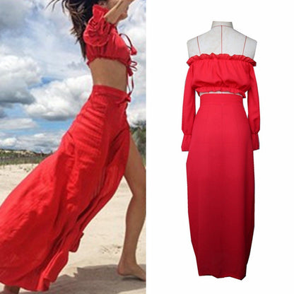 Women 2 Pcs Suit Set Off Shoulder Long Sleeve Lace Up Blouse Crop Top and Skirt Red Beach Summer Long Maxi Dress Vestidos