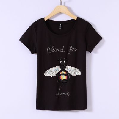 Women 2019 Summer Short Sleeve Sequined beaded bag Print T shirts Fashion slim WhiteTop Tees Women Designer Clothi