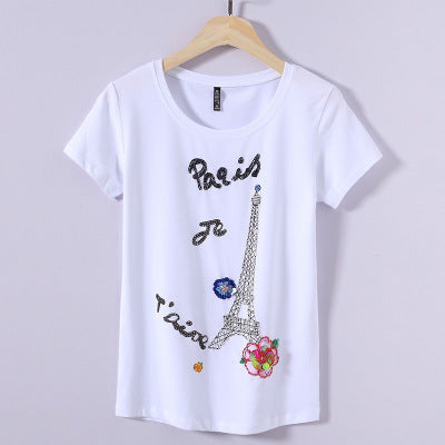 Women 2019 Summer Short Sleeve Sequined beaded bag Print T shirts Fashion slim WhiteTop Tees Women Designer Clothi