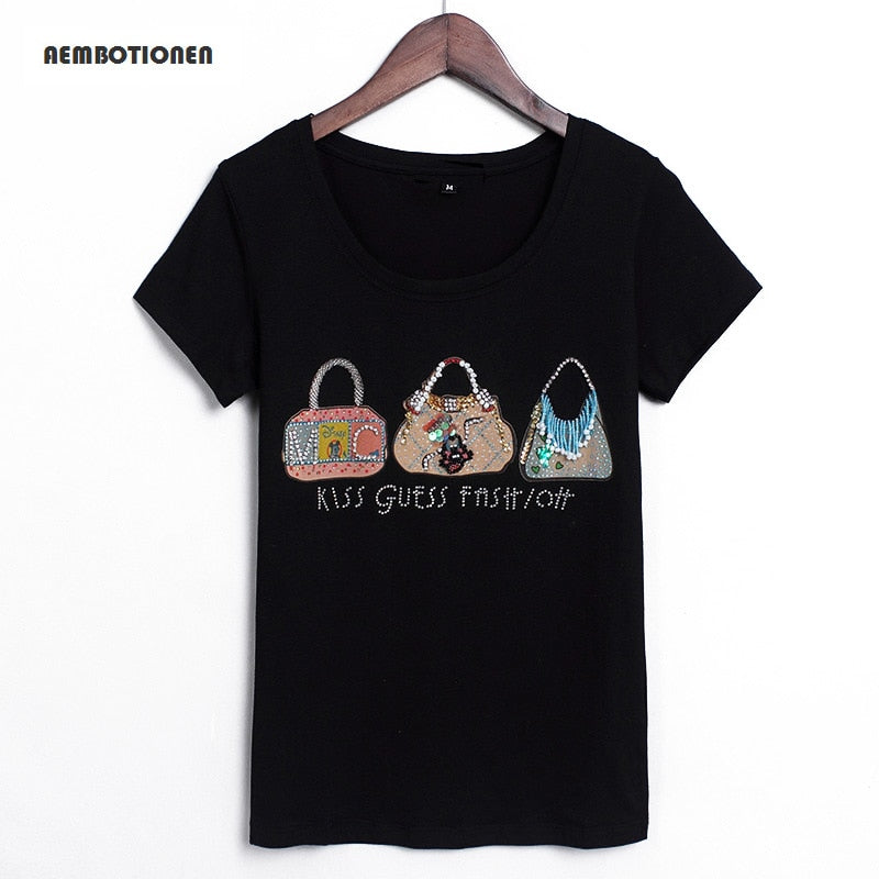 Women 2019 Summer Short Sleeve Sequined beaded bag Print T shirts Fashion slim WhiteTop Tees Women Designer Clothi