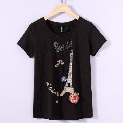 Women 2019 Summer Short Sleeve Sequined beaded bag Print T shirts Fashion slim WhiteTop Tees Women Designer Clothi